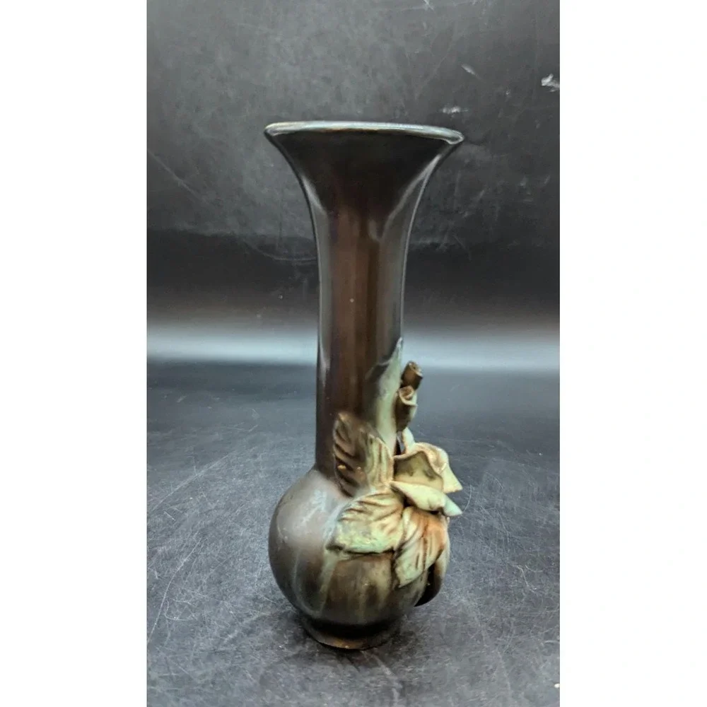 Vintage Lviv Ceramics Applied Flower Green Vase 7.25